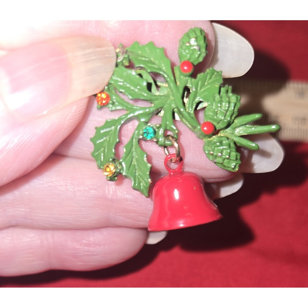 Vintage Christmas Brooch Green Enamel Holly Pinecone Swinging Red Bell 60s/70s